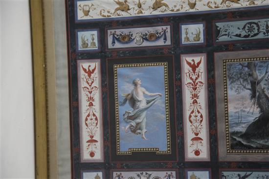 19th century Italian School Renaissance panel decorated with scene of Pan, two nymphs and geometric panels 13 x 21in.